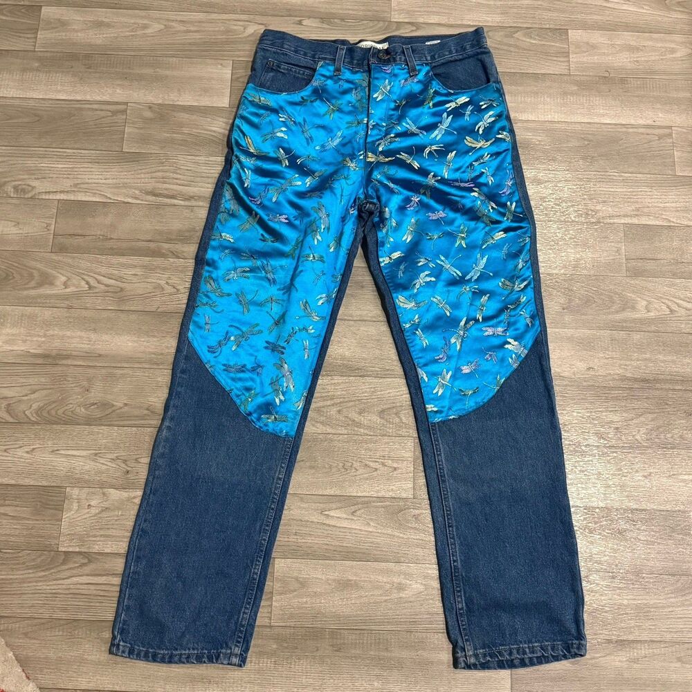 Faded Glory Reworked Patchwork Custom Jeans Mens 34x32 Satin Dragonfly Brocade